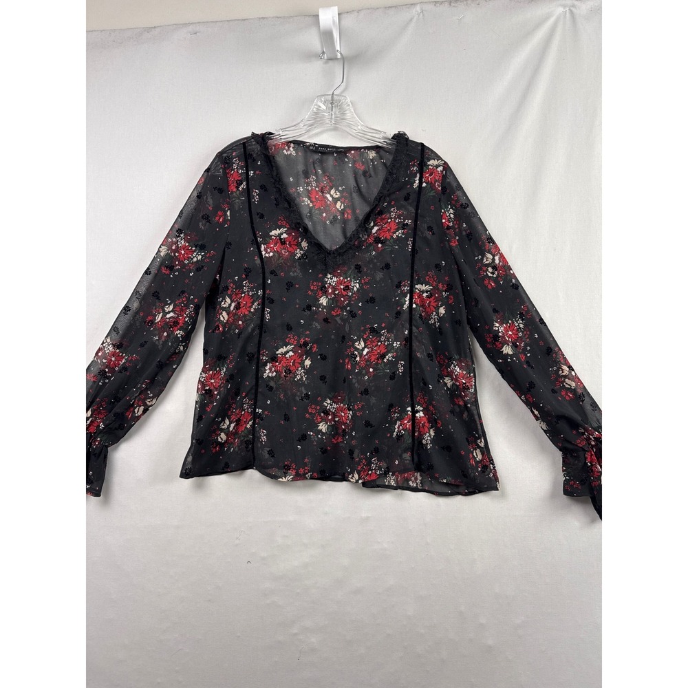 Zara Basic Floral Blouse Womens Medium Black Red Dark Fairy V-Neck Ruffle Cuff